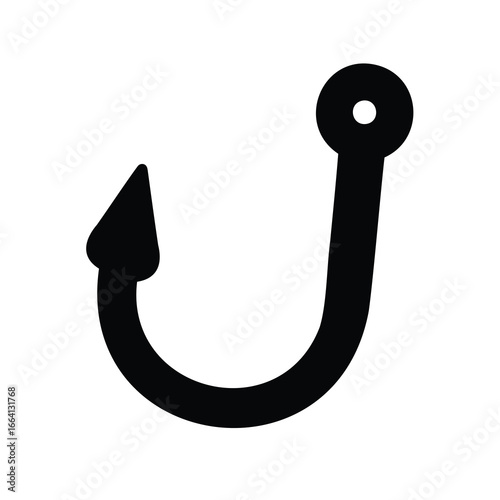 Silhouette of a black fishing hook with a piercing point and hole