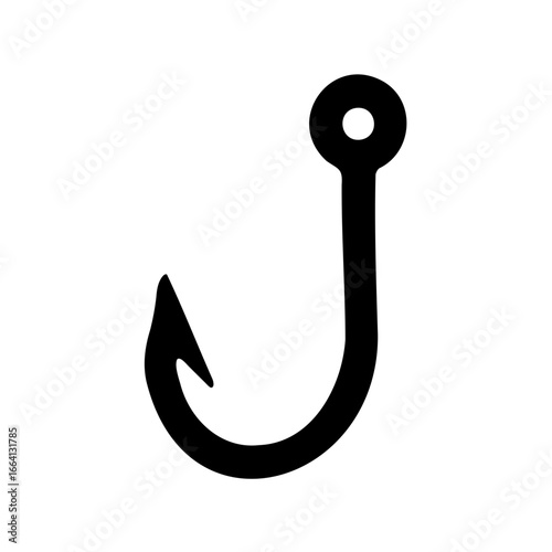 Simple black fishing hook vector icon, ideal for fishing apps, outdoor sports websites, camping brochures, and angling hobby illustrations.