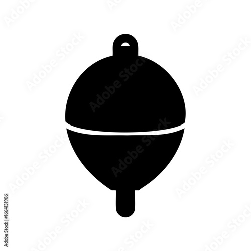 Black silhouette fishing bobber vector icon, isolated on white background, representing a float or buoy for angling and fishing activities