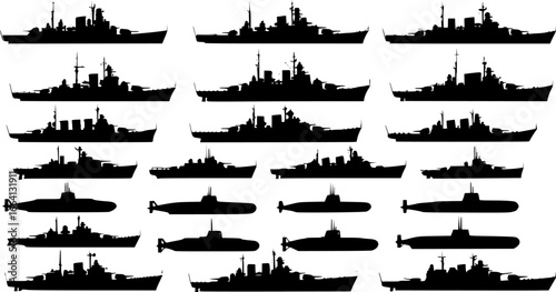 Warship navy silhouettes set, large pack of vector silhouette design, isolated white background.
