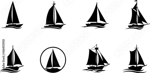 Sail boat logo silhouette vector design, sail boat logo icon silhouette, sailboat sailing ship logo vector illustration, sailboat and sailing ship vector silhouette logo design on white background	