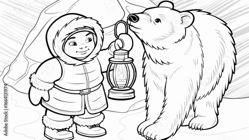 Illustration of an eskimo boy with a lantern standing next to a large polar bear in a snowy landscape silhouette