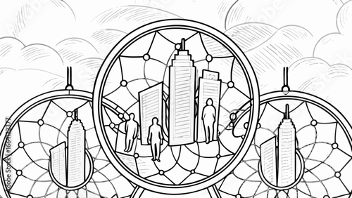 Dreamcatchers featuring cityscapes and people in black and white line art against a cloudy background silhouette