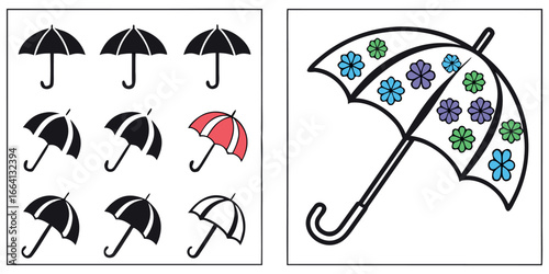 Colorful patterned umbrella and collection of simple black umbrellas for weather protection and design elements