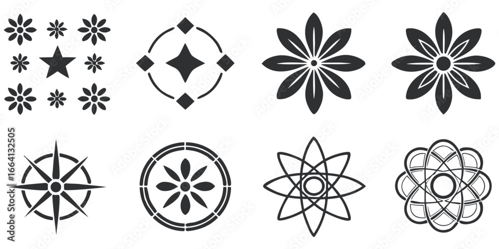 Collection of elegant geometric and floral icons, perfect for modern design projects and branding applications. Collection of elegant geometric and floral icons, perfect for modern design projects and branding applications.