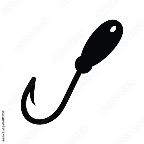 Simple black silhouette vector icon of a fishing hook, ideal for outdoor sports, fishing, or hobby-related design projects and web elements.
