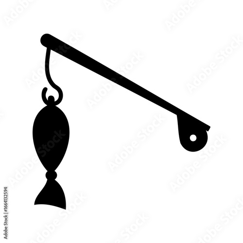 Black silhouette vector icon of a fishing rod with a lure, simple graphic illustration for outdoor activities, hobbies, and sport designs