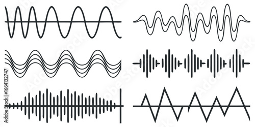 Diverse wave patterns and sound visualizations capture dynamic scientific data and abstract audio concepts