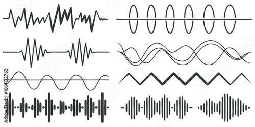 Diverse wave patterns and sound visualizations capture dynamic scientific data and abstract audio concepts