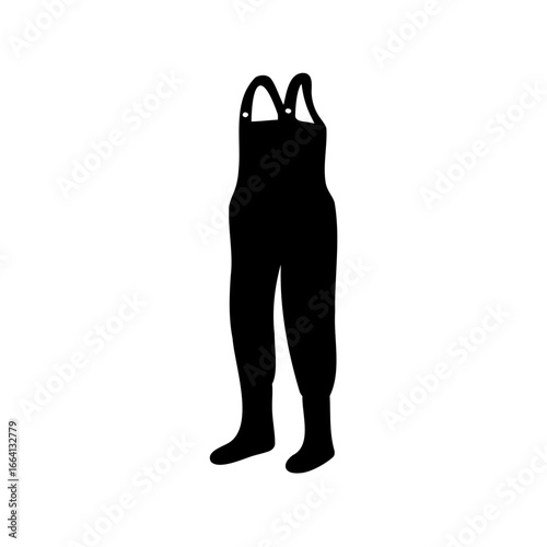 Black silhouette of waterproof fishing waders with boots - Simple black vector illustration of waterproof waders with boots, representing fishing gear, outdoor protection, work clothing, and wet envir