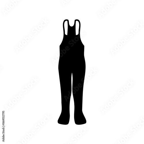Black silhouette of waterproof overalls for fishing or work - Minimal black vector illustration of waterproof overalls, symbolizing fishing gear, protective workwear, outdoor clothing, and safety equ
