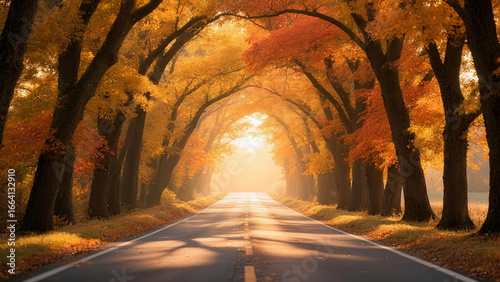 A magnificent road, dyed by autumn colors, winding through the forest.