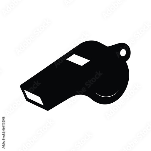 Black whistle icon for sports and coaching design - 
Simple black silhouette of a whistle, symbolizing sports, refereeing, coaching, authority, alerts, and sound signaling in minimal vector style.
