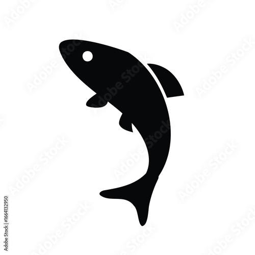 Silhouette of jumping fish isolated on white - Black silhouette of a fish jumping upward, simple minimalist aquatic animal design ideal for fishing, seafood, or nature-themed graphics.
