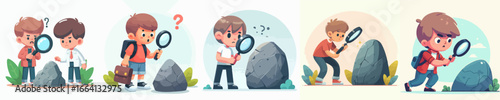 Cartoon Style Curious Boy Exploring Rock with Magnifying Glass Illustration