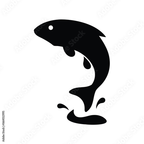 Jumping fish silhouette isolated vector design - Minimal black silhouette of a jumping fish splashing in water, ideal for fishing logos, seafood branding, and nature illustrations.
