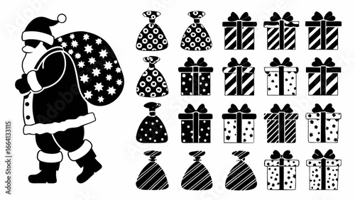 Santa claus carrying a sack filled with stars next to gift bags and presents in black and white style