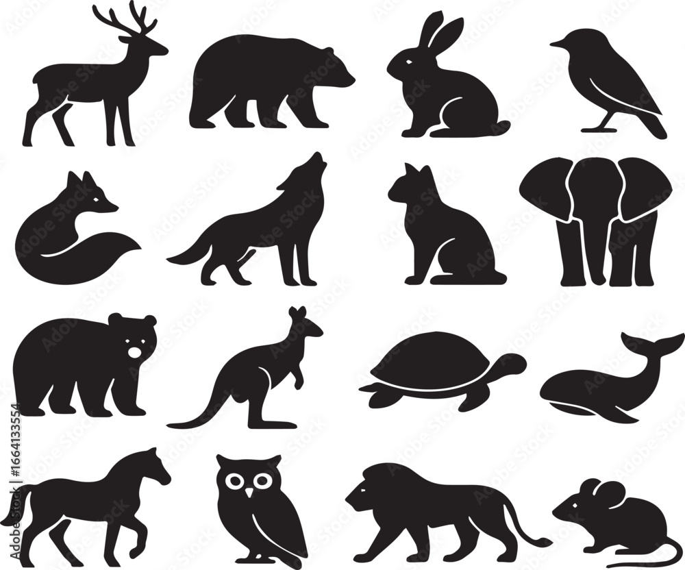 Fototapeta premium Black Minimalist Animals Silhouettes Icons