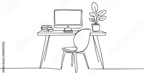 Minimalist continuous line drawing of modern workspace with computer, books, chair, and plant, symbolizing productivity, comfort, and design
