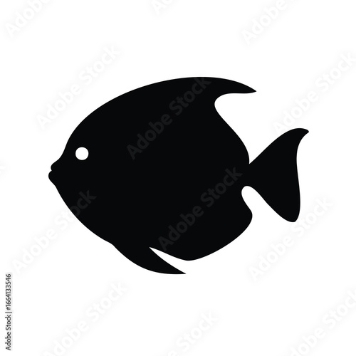 Silhouette of tropical fish icon on white background - Black silhouette of a tropical fish isolated on white background, ideal for marine logo design, aquarium branding, and sea-themed illustrations.
