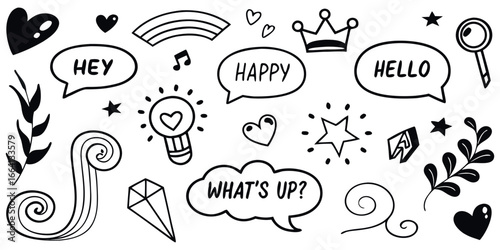Charming doodle collection featuring conversational speech bubbles, hearts, stars, a crown, and nature elements for creative projects