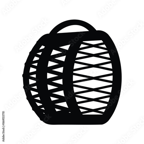 Black silhouette of traditional woven fish trap basket - A black silhouette of a traditional woven fish trap basket on a white background, representing fishing, craftsmanship, and rural culture.

