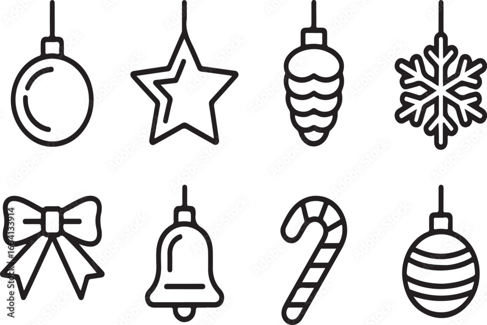 Naklejka premium Christmas Tree Ornaments Outline Icons – Baubles, Stars, and Festive DecorationsChristmas Tree Ornaments Outline Icons – Baubles, Stars, and Festive Decorations
