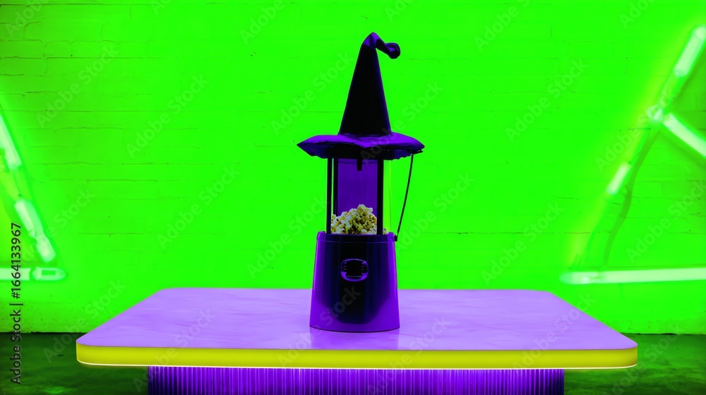 Obraz premium Making Popcorn with a Witch Hat Popcorn Maker on Colorful Counter