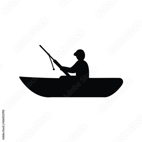 Silhouette of man fishing from small boat - A black silhouette of a man sitting in a small boat holding a fishing rod, representing fishing, outdoor recreation, and peaceful nature.
