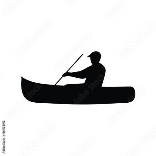 Silhouette of man paddling canoe on calm water - A black silhouette of a man paddling a canoe on calm water, representing outdoor adventure, kayaking, leisure, and travel lifestyle.

