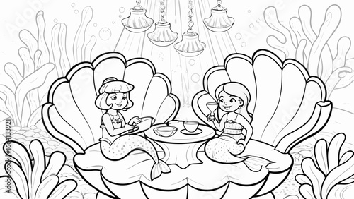 Two mermaids having tea in shell chairs under hanging lamps in an underwater coloring page scene design silhouette