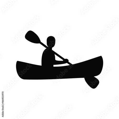 Silhouette of person kayaking in canoe on water - A black silhouette of a person paddling a canoe or kayak on water, symbolizing outdoor adventure, recreation, and water sports activity.
