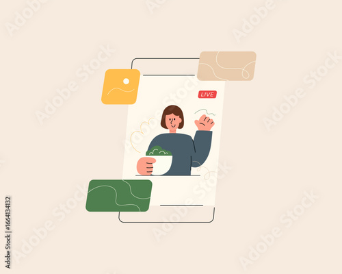 Flat vector illustration of a character watching a cooking live stream. food and lifestyle concept.