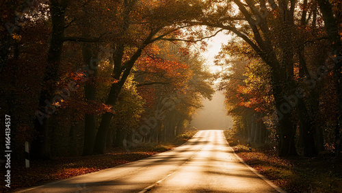 A magnificent road, dyed by autumn colors, winding through the forest.