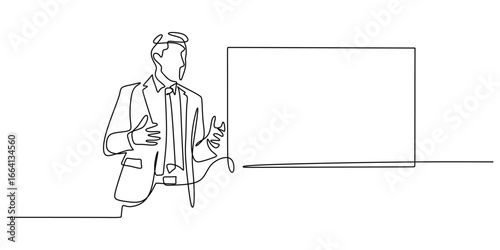 One line art drawing of a businessman delivering a speech to his team