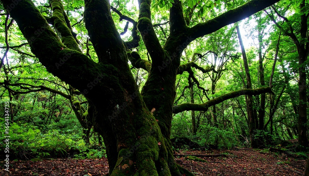 Naklejka premium A majestic, moss-covered tree stands tall amidst a vibrant green forest, bathed in natural light.