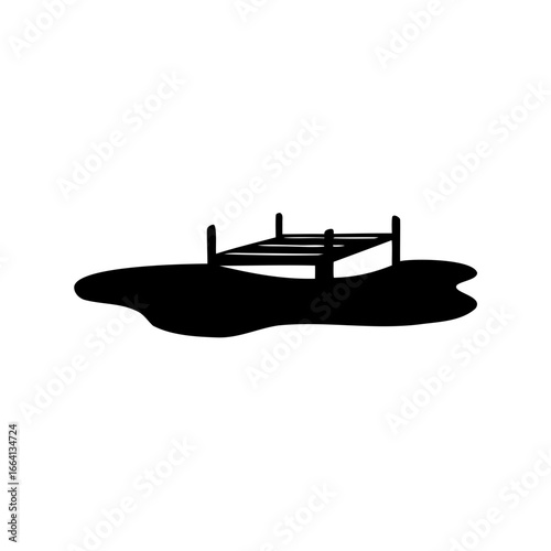Silhouette of wooden dock on calm water - Black silhouette of a small wooden dock or pier over calm water, isolated on white background, representing fishing, lake, and nature tranquility.
