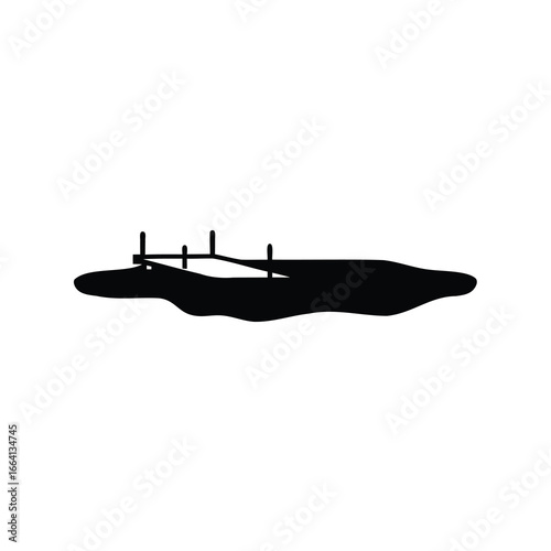 Silhouette of small wooden pier over water - Black silhouette of a small wooden pier or dock extending over calm water, isolated on white background, representing lake, fishing, or nature themes.
