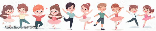 Cute Cartoon Illustration of Young Boys and Girls Practicing Ballet Dance