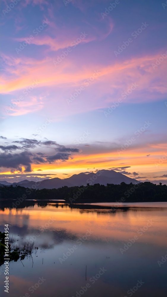 Fototapeta premium Calm Lake Sunset, Mountain Silhouette
