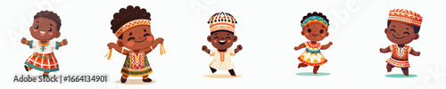 Charming Cartoon African Child Dancers in Traditional Costume Illustration Set