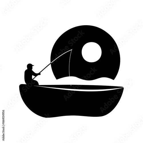 Silhouette of a fisherman in boat casting line in front of sun