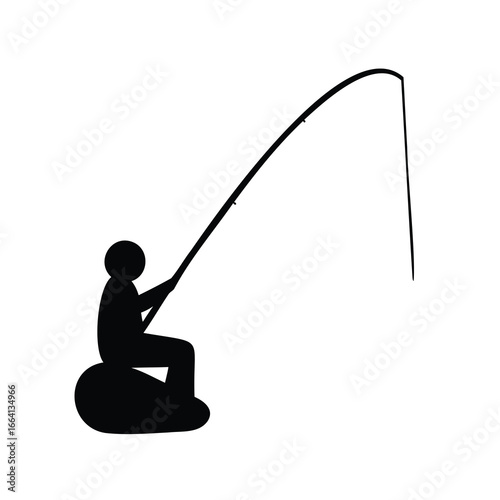 Black silhouette illustration of a fisherman sitting and holding a fishing rod