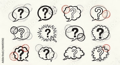 Set of Hand-Drawn Question Mark Icons in Speech Bubbles.