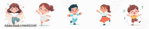 Playful Cartoon Children Joyfully Dancing with Happiness and Energy Illustration