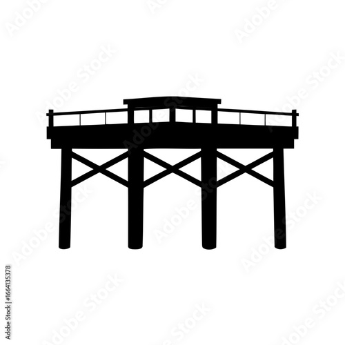 Silhouette of a pier with wooden supports and railings on a white background