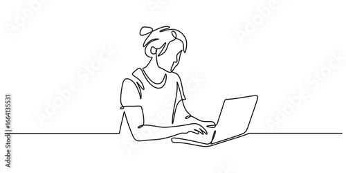 One line art of a woman working on a laptop computer