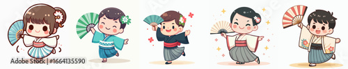 Adorable Handdrawn Little Kid in Kimono with Fan Cartoon Illustration