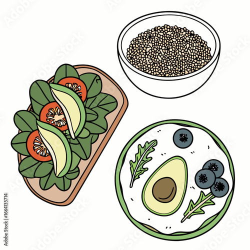 Illustration of healthy breakfast options with avocado
