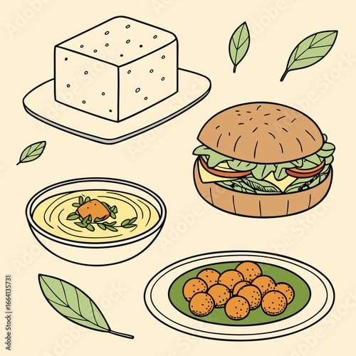 Illustration of tofu, sandwich, soup, and falafel